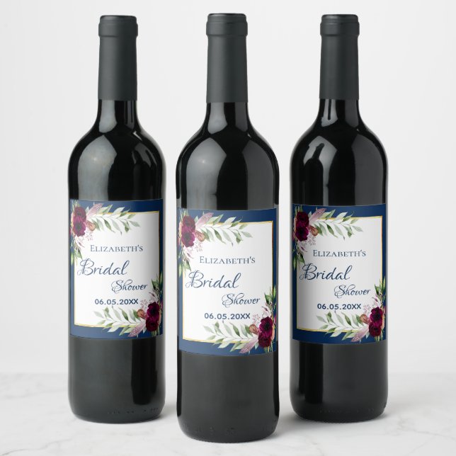 Bridal shower navy blue florals burgundy name wine label (Bottles)