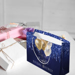 Bridal Shower navy blue gold glitter drip balloons Large Gift Bag<br><div class="desc">A navy blue background decorated with glitter drips and golden balloons.  The blue colour is uneven. Personalise and add a date,  name. The text: The name is written in white with a modern hand lettered style script</div>