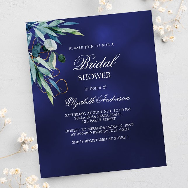 Bridal Shower navy blue greenery budget invitation Flyer (Creator Uploaded)