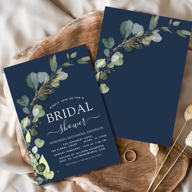Bridal Shower Navy Blue Greenery Eucalyptus Invitation (Creator Uploaded)