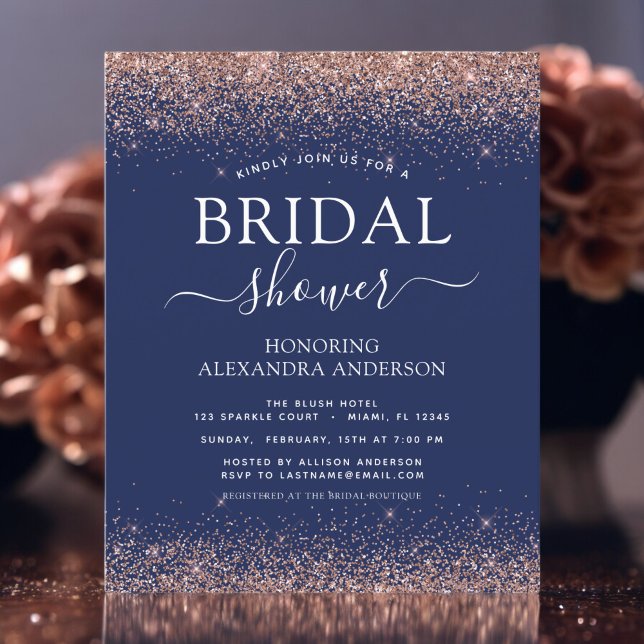 Bridal Shower Navy Blue Pink Glitter Invitation (Creator Uploaded)