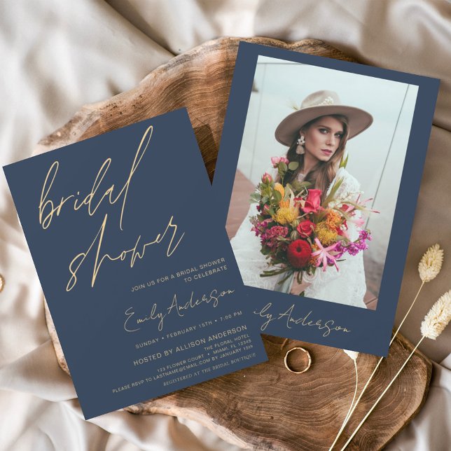 Bridal Shower Navy Blue Script Minimalist Photo Invitation (Creator Uploaded)
