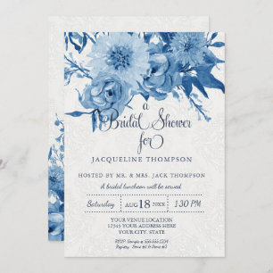 Bridal Shower Navy Blue White Chintz Damask Floral Invitation