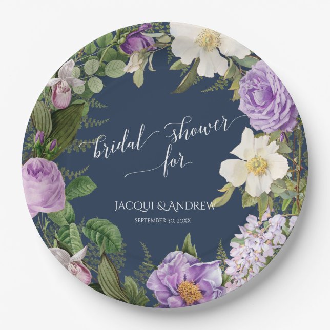 Bridal Shower Navy Lavender Ivory Peony Wreath Paper Plate (Front)