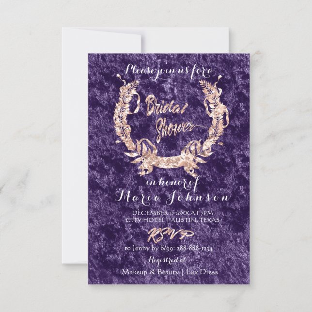 Bridal Shower Olive Wreath Pink Rose Violet Velvet Invitation (Front)