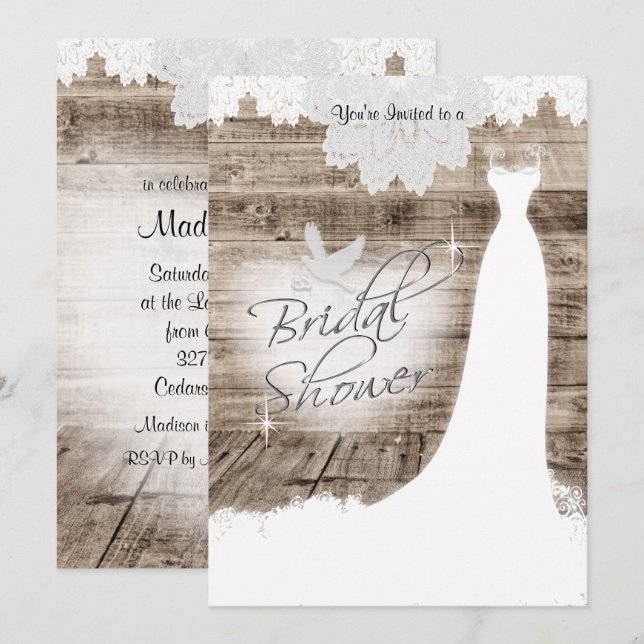 Bridal Shower on Barn Wood with Lace & White Dove Invitation (Front/Back)