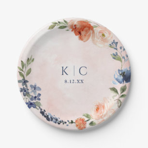 Bridal Shower Orange Dusty Blue Peony Dessert Paper Plate