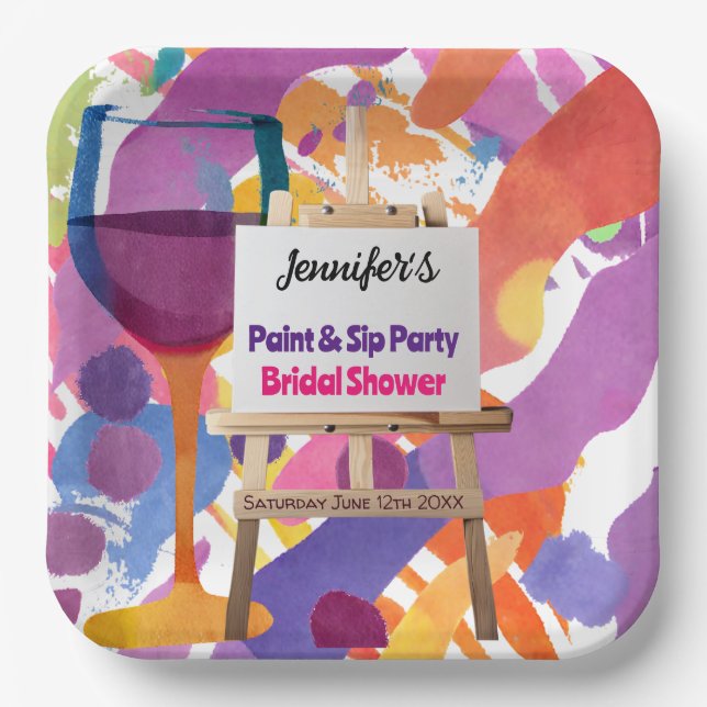 Bridal Shower Paint and Sip party Paper Plate (Front)