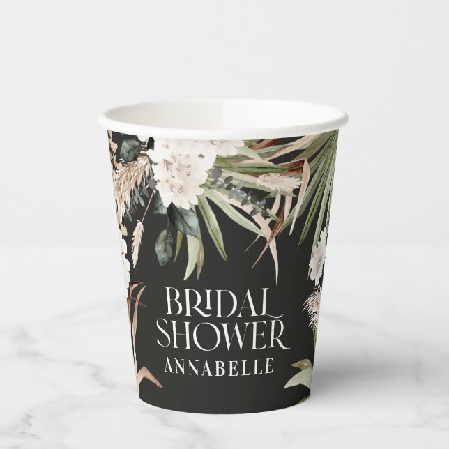 Bridal shower pampas black modern boho party favou paper cups (Left)