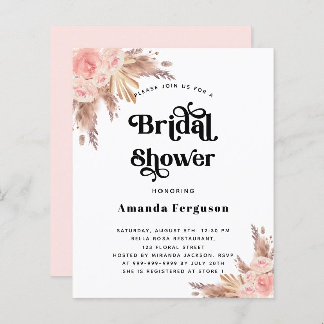 Bridal Shower pampas blush pink budget invitation (Front/Back)