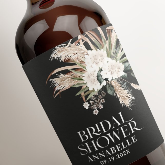 Bridal shower pampas boho black modern elegant wine label (Creator Uploaded)