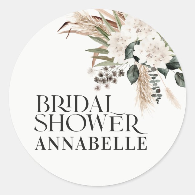 Bridal shower pampas cream modern party favour classic round sticker (Front)