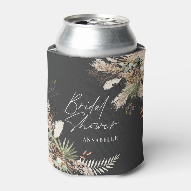 Bridal shower pampas eucalyptus modern black chic can cooler (Can Front)
