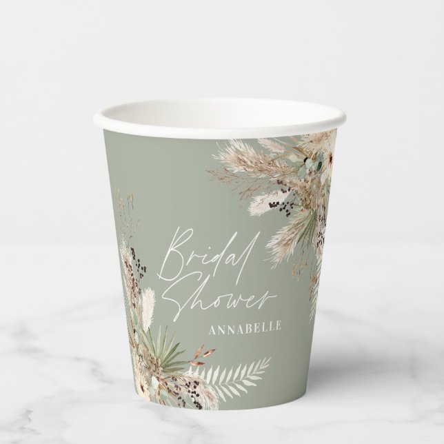 Bridal shower pampas eucalyptus modern sage green paper cups (Front)