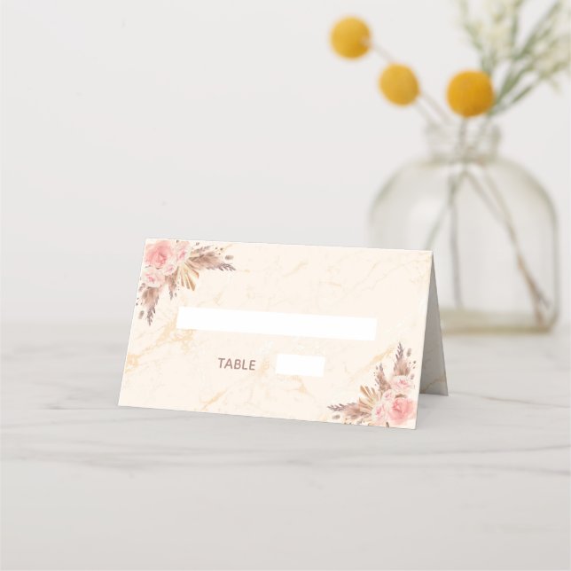 Bridal shower pampas grass blush florals marble place card (Front)