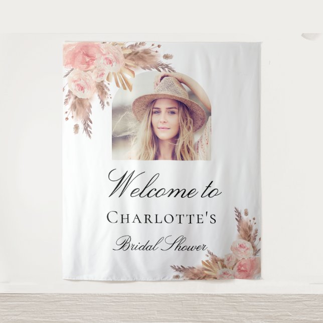 Bridal Shower pampas grass blush pink arch photo Tapestry (Front)