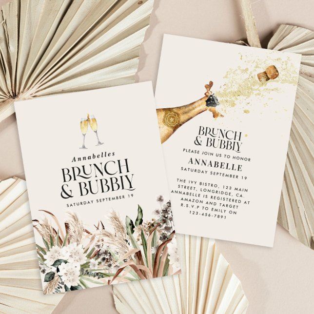 Bridal shower pampas grass champagne brunch bubbly invitation (Creator Uploaded)