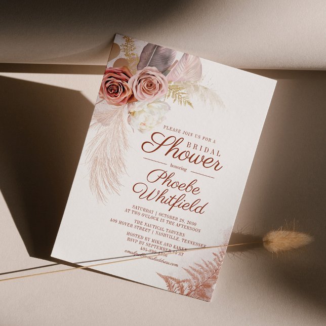 Bridal Shower Pampas Grass Floral Terracotta Invitation (Pampas Grass Floral Terracotta Bridal Shower Invitation Front View)