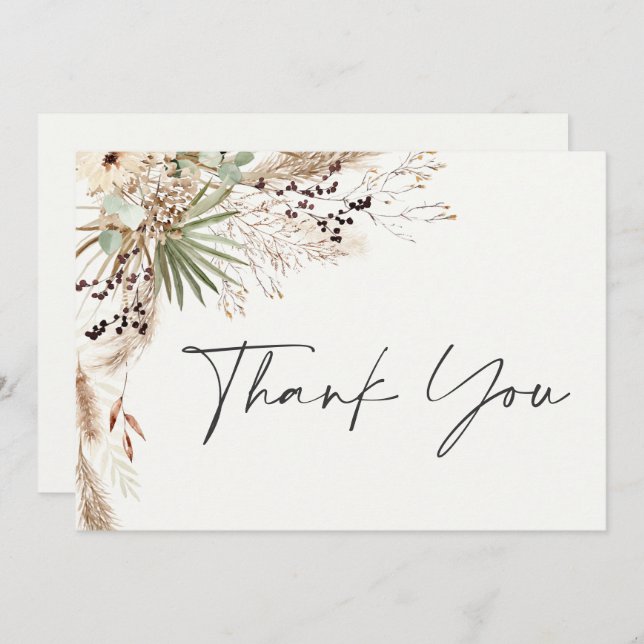 Bridal shower pampas grass modern boho elegant thank you card (Front/Back)