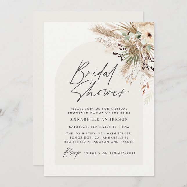 Bridal shower pampas grass modern natural elegant invitation (Front/Back)