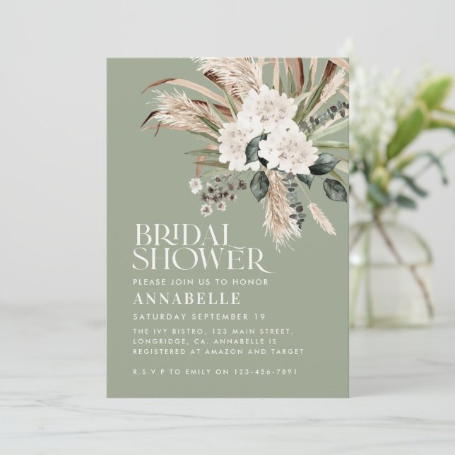 Bridal shower pampas grass modern sage green invit invitation (Standing Front)
