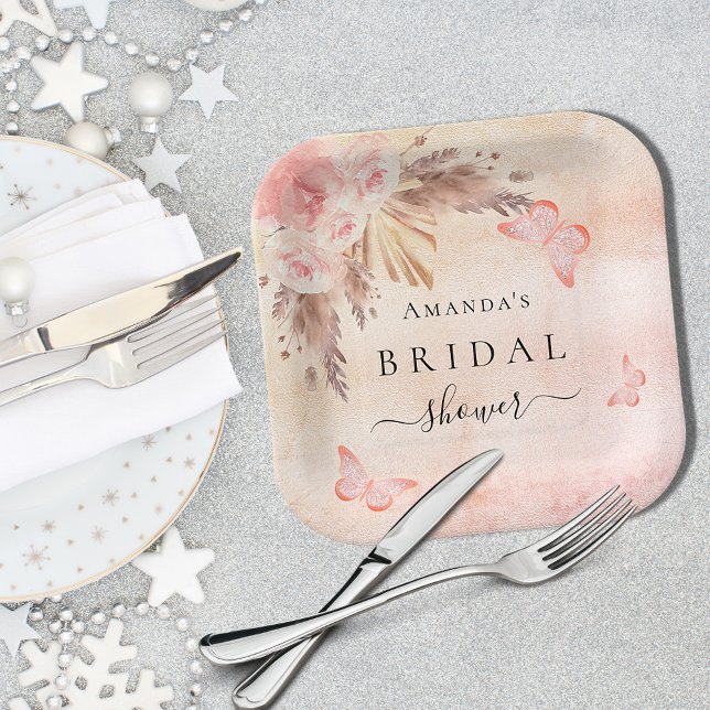 Bridal Shower pampas grass rose floral butterflies Paper Plate (Creator Uploaded)