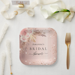 Bridal Shower pampas grass rose gold floral Paper Plate