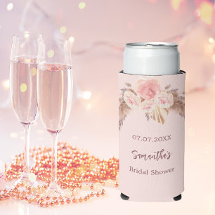 Bridal shower pampas grass rose gold flowers name seltzer can cooler