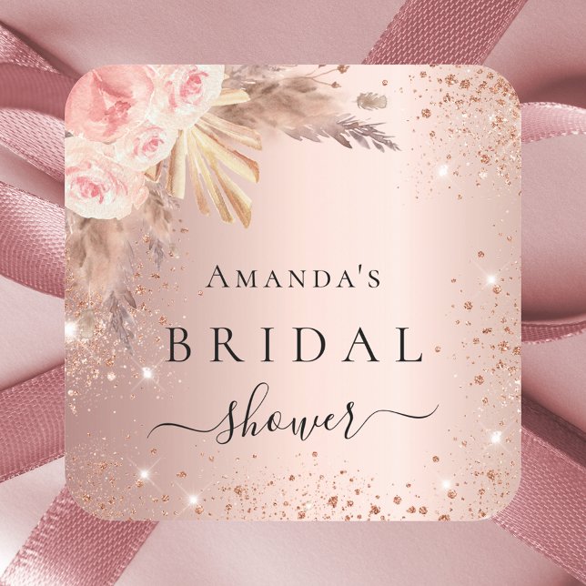 Bridal Shower pampas grass rose gold flowers Square Sticker (Creator Uploaded)
