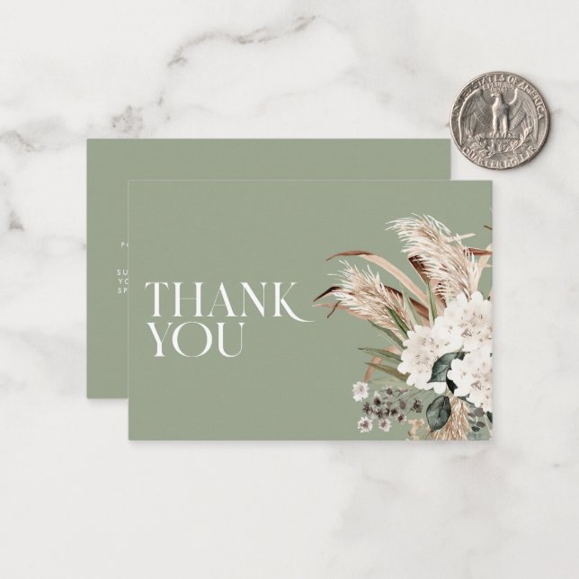 Bridal shower pampas grass sage green thank you card (Front/Back In Situ)