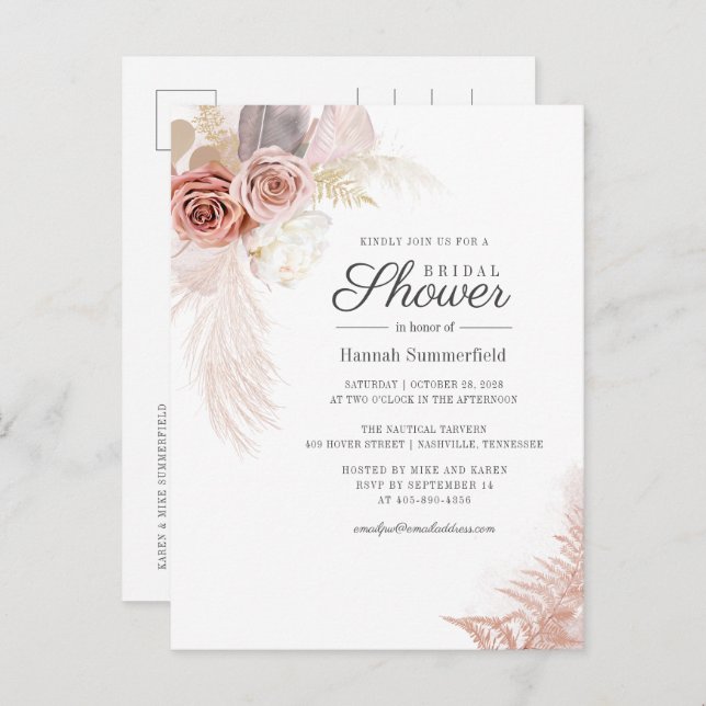 Bridal Shower Pampas Grass Tan Script Invitation Postcard (Front/Back)