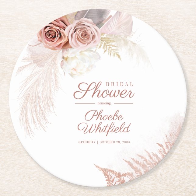 Bridal Shower Pampas Grass Terracotta Tan Round Paper Coaster (Front)