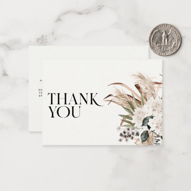 Bridal shower pampas grass white natural thank you card (Front/Back In Situ)