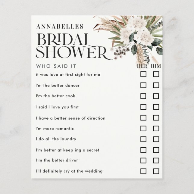 Bridal shower pampas grass who said it game (Front)