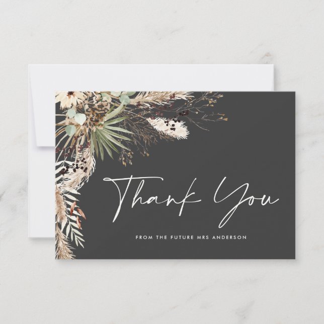 Bridal shower pampas modern black thank you invitation (Front)