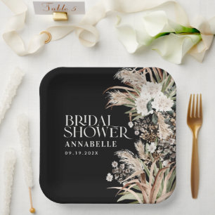 Bridal shower pampas modern elegant black paper plate