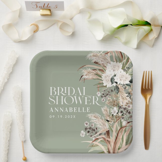Bridal shower pampas modern elegant sage green paper plate (Wedding)