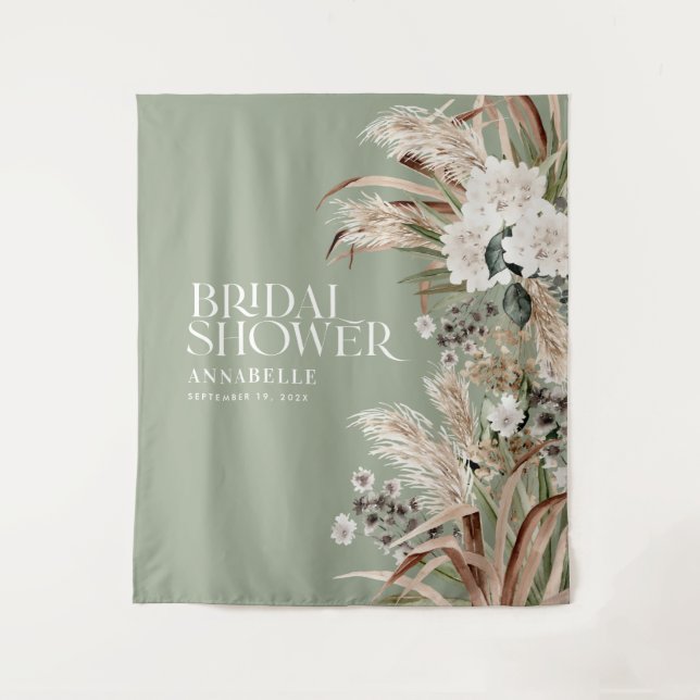 Bridal shower pampas modern elegant sage green tapestry (Front)