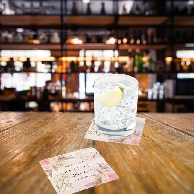 Bridal Shower pampas rose gold bubbly Square Paper Coaster (Creator Uploaded)