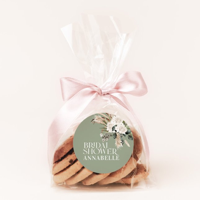 Bridal shower pampas sage green modern party favou classic round sticker (Creator Uploaded)
