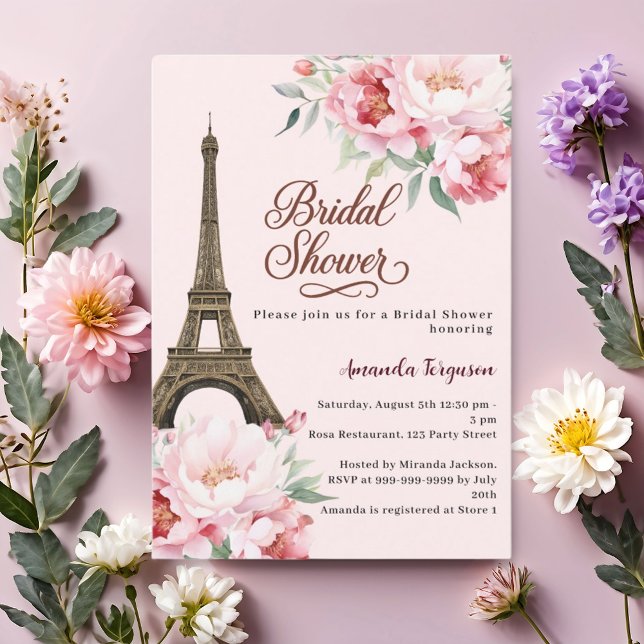 Bridal shower Paris Eiffel tower pink flowers Invitation (Creator Uploaded)