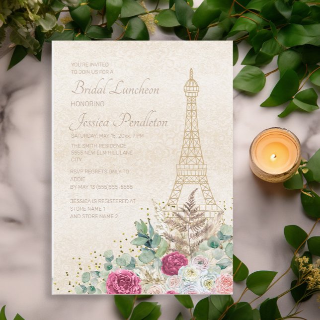 Bridal Shower Paris French Eiffel Tower Pink Gold Invitation (Pink floral on cream-colored Paris/Eiffel Tower bridal luncheon invitation)