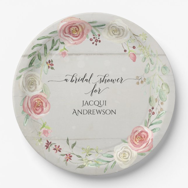Bridal Shower Party Decor | Blush Floral Rustic Paper Plate (Front)