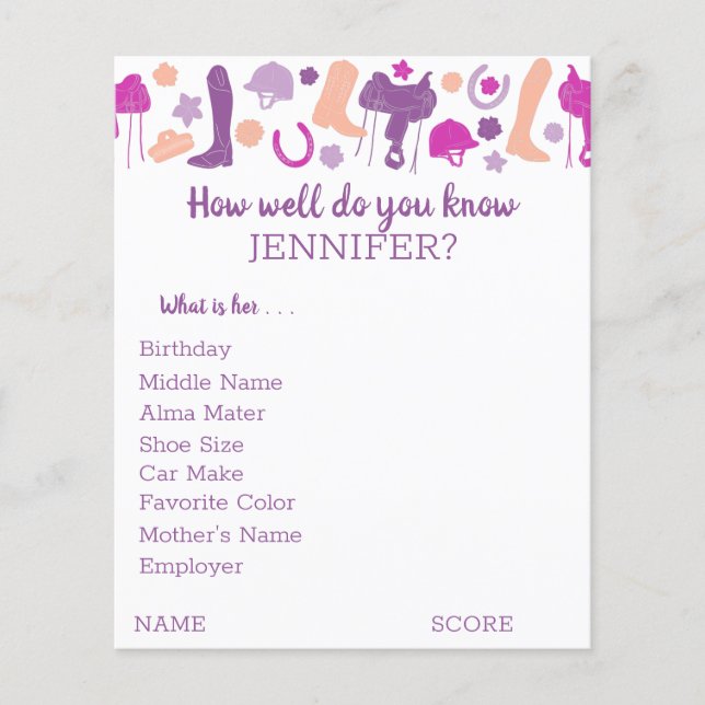 Bridal Shower Party Game Sheets Horseback Riding F Flyer (Front)