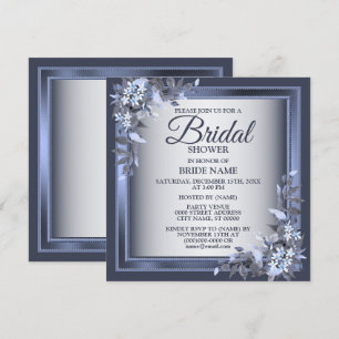 Bridal Shower Party Navy Blue Floral Silver Grey Invitation
