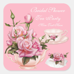 Bridal Shower Party Pink Rose Floral Teapot Square Sticker