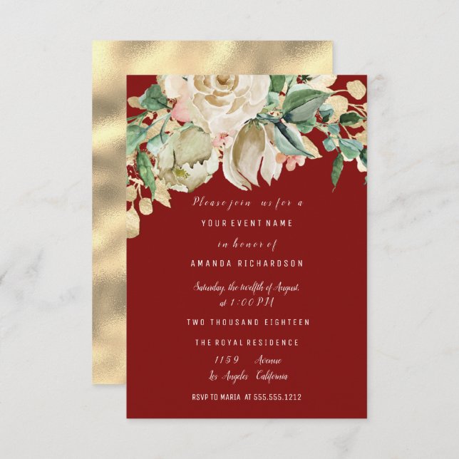 Bridal Shower Party Rose Painted Floral Burgundy Invitation (Front/Back)