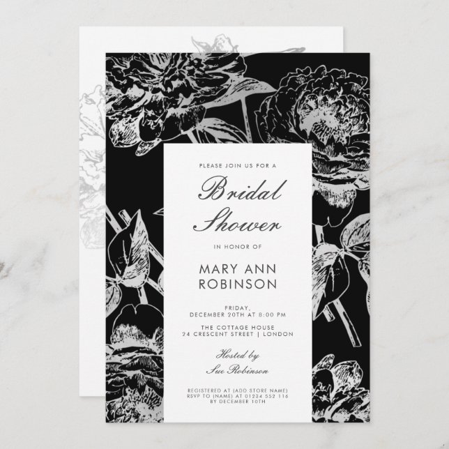 Bridal Shower Party Simple Floral Silver Black Invitation (Front/Back)