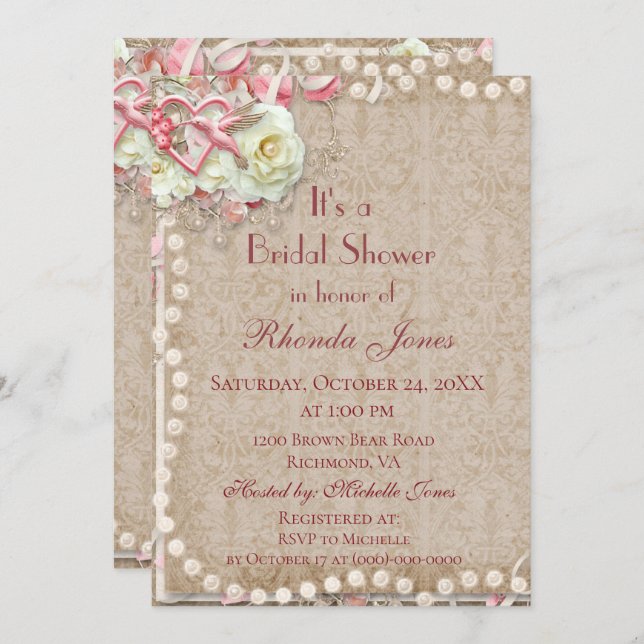 Bridal Shower Pearls Pink and Brown Invitation (Front/Back)