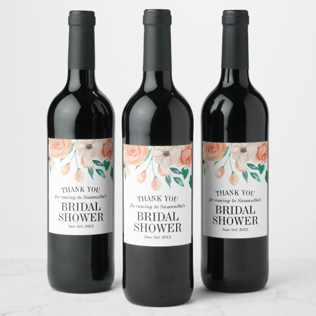 Bridal Shower Personalised Peach Floral Wine Label (Bottles)
